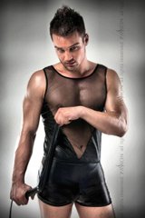 Комплект білизни Passion 016 SET black S/M, шортики під латекс і напівпрозора маєчка