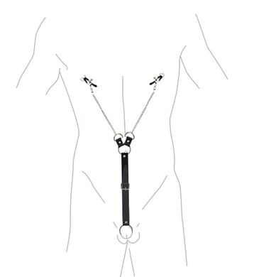 Зажимы для сосков с фиксацией на мошонке Nipple Clamps for Men, Эко кожа