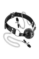 Повітропроникний кляп з зажимами для сосків Fetish Tentation Rigid Gag Ball with Nipple Clamps