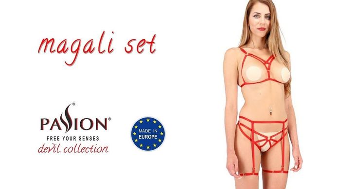 Комплект білизни MAGALI SET OpenBra red - Passion Exclusive: стрепи: ліф, трусики і пояс