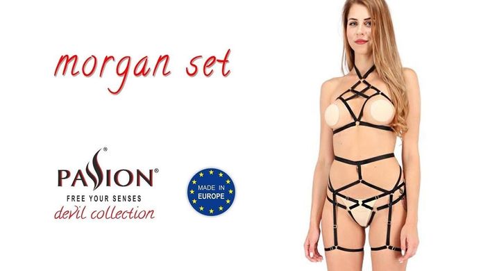 Комплект белья MORGAN SET OpenBra black - Passion Exclusive: стрэпы: трусики, лиф, пояс